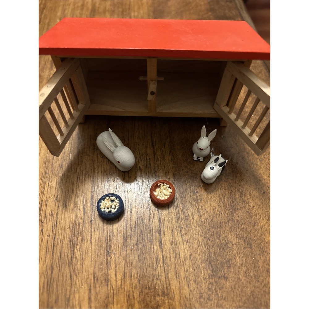 Miniature Wooden German Rabbit Hutch with rabbits/food bowls Made In GDR